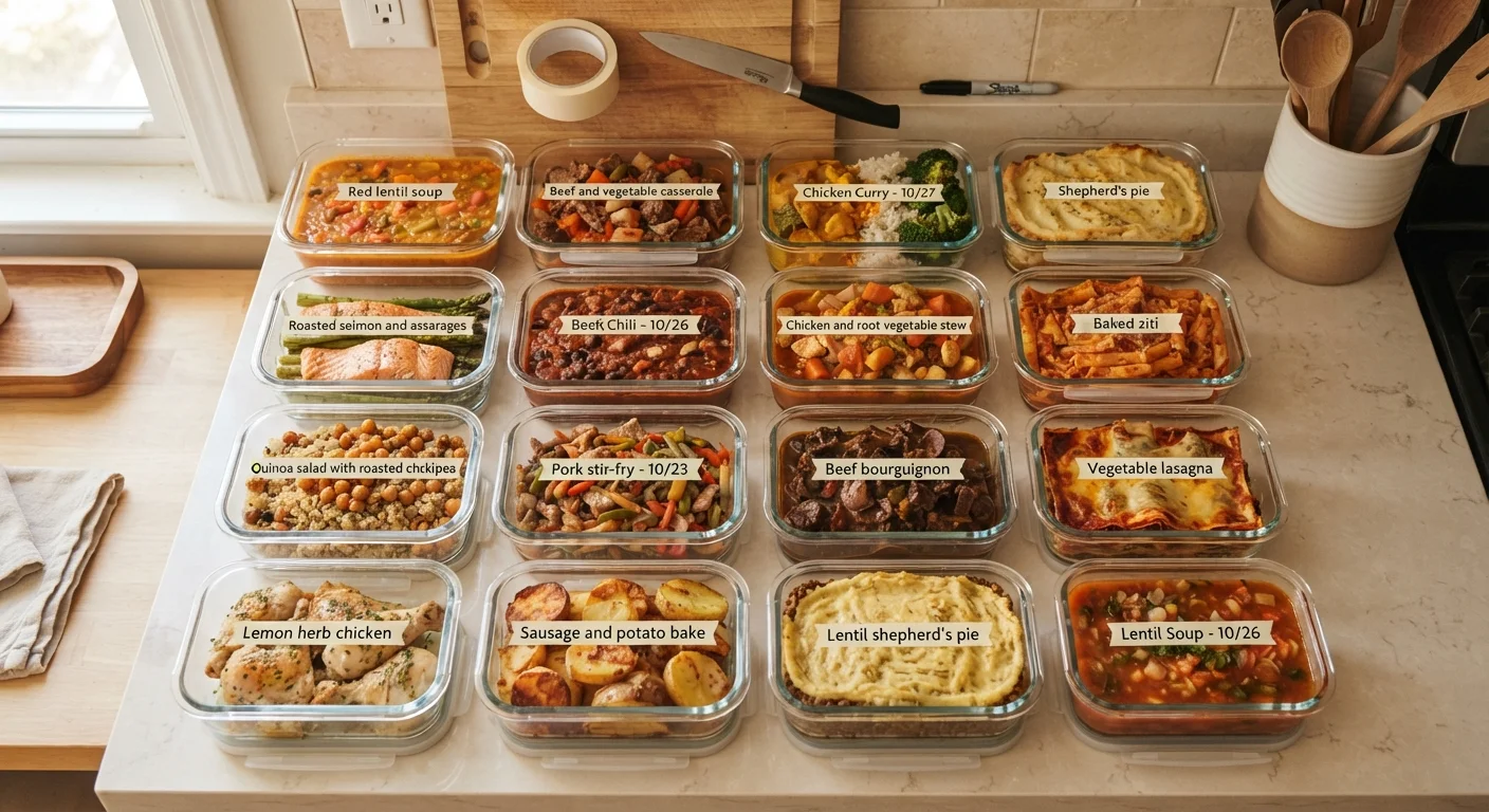 Glass meal prep containers filled with soups, casseroles, and proteins arranged on a kitchen counter