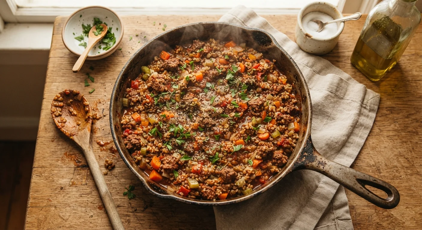 A skillet of ground beef mixed with lentils, diced vegetables, and grains on a kitchen counter